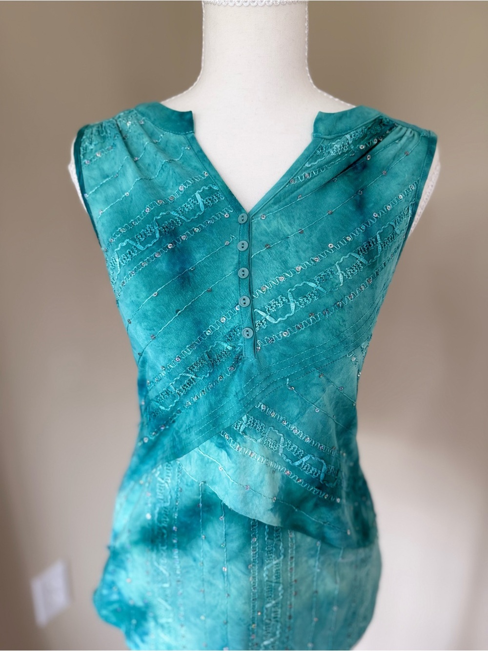 Vintage Y2K Tank Top Fairycore cami Teal Beaded Sleeveless mermaidcore S